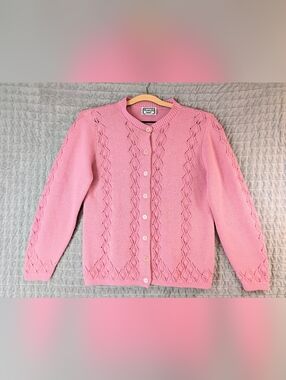 Vintage Pink Knit Cardigan Women's M Kenneth Too Brand Cottagecore Grandma USA